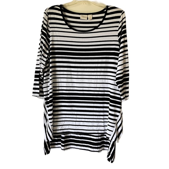 Chico’s High Low Tunic Top, Sz. L (See Sizing Chart) Black/White Striped - Picture 1 of 8